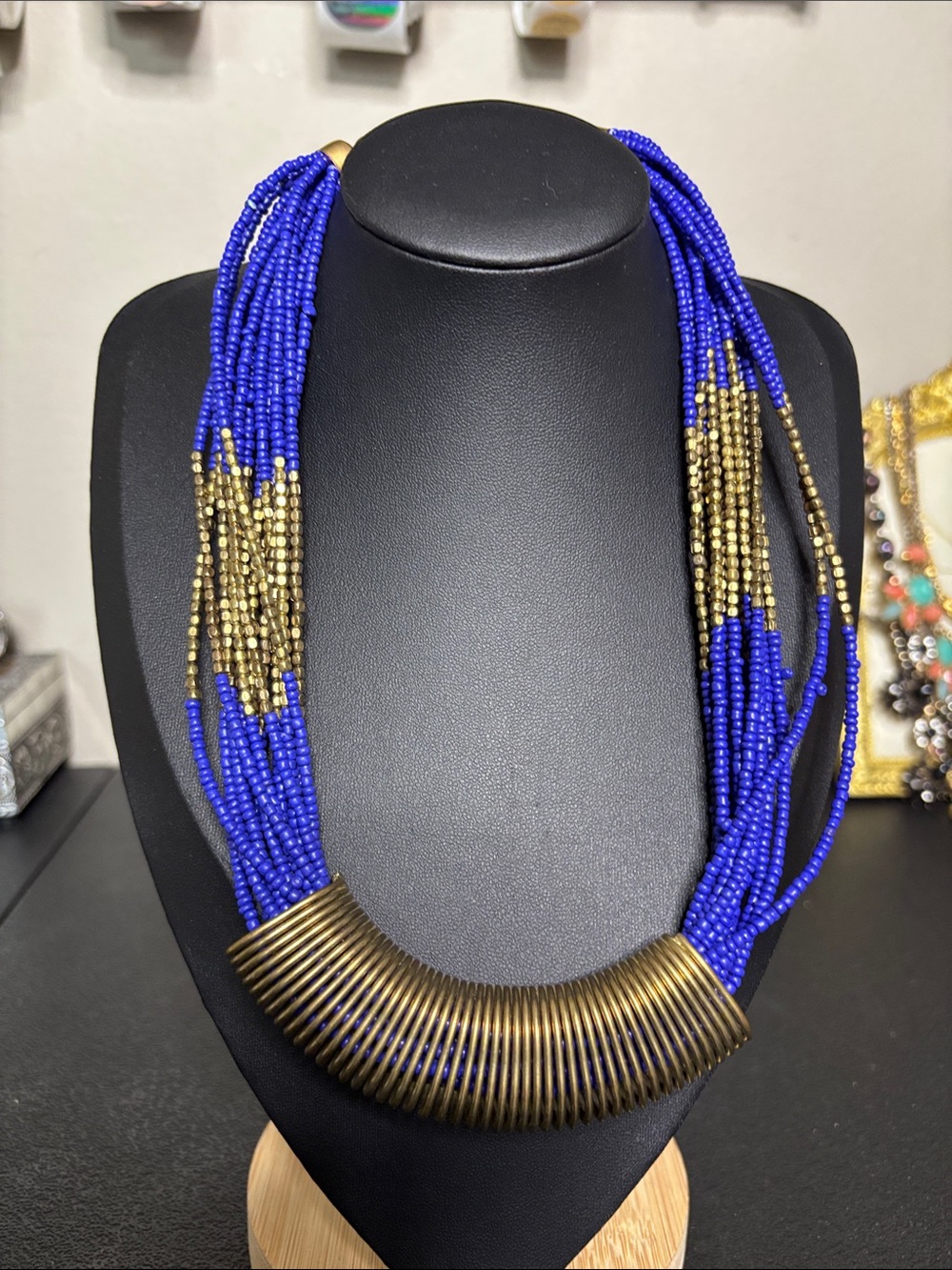 Vintage Boho Blue and Gold Beaded Statement Necklace